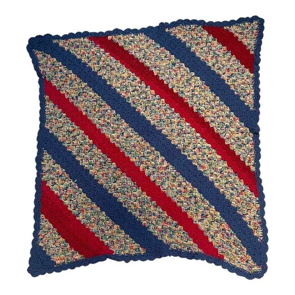 Handmade Crochet Striped Blanket Red Blue Tight Knit VTG Baby Chair Throw 34" - Picture 1 of 4